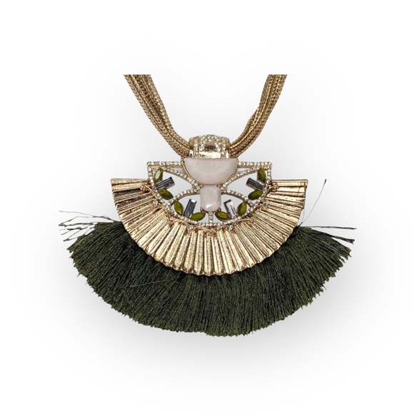 new Jenny Packham ❀ Chic Fringed Crystal Gemstones Necklace ❀ Gold + Olive Green - Picture 3 of 17